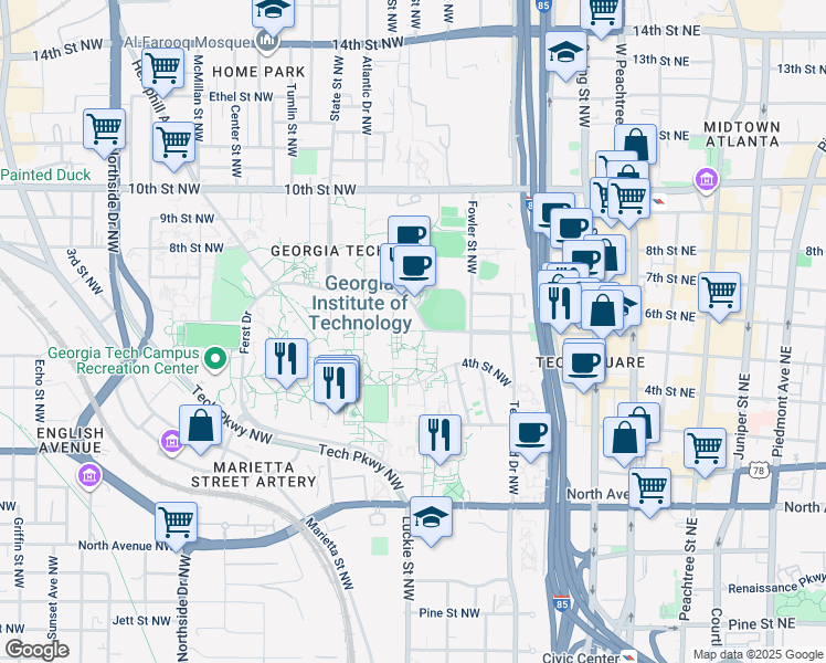 map of restaurants, bars, coffee shops, grocery stores, and more near 266 Ferst Drive in Atlanta