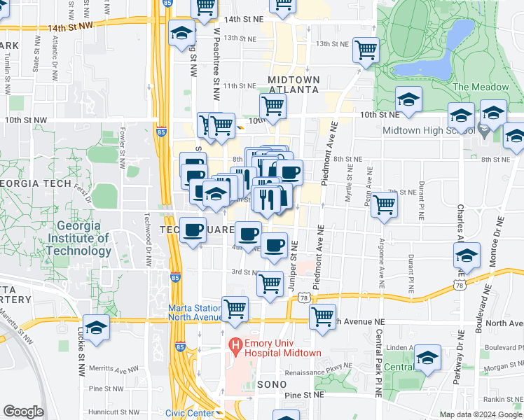 map of restaurants, bars, coffee shops, grocery stores, and more near 800 Peachtree Street in Atlanta