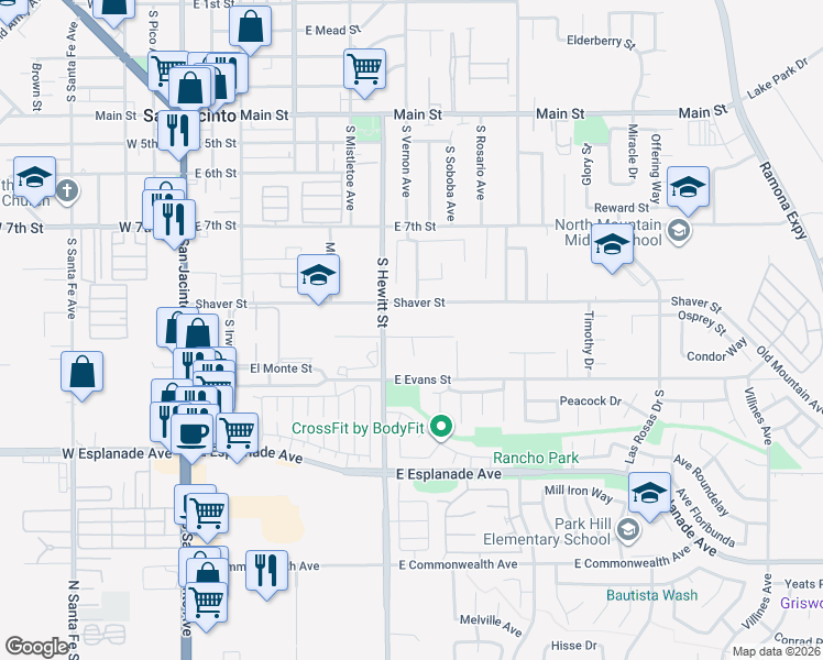map of restaurants, bars, coffee shops, grocery stores, and more near 623 East Old 2nd Street in San Jacinto