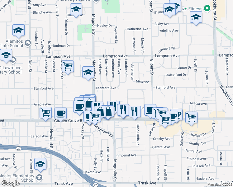 map of restaurants, bars, coffee shops, grocery stores, and more near 12781 Leroy Avenue in Garden Grove