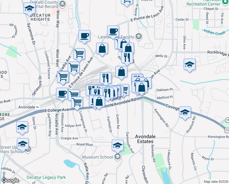 map of restaurants, bars, coffee shops, grocery stores, and more near 2895 Washington Street in Avondale Estates
