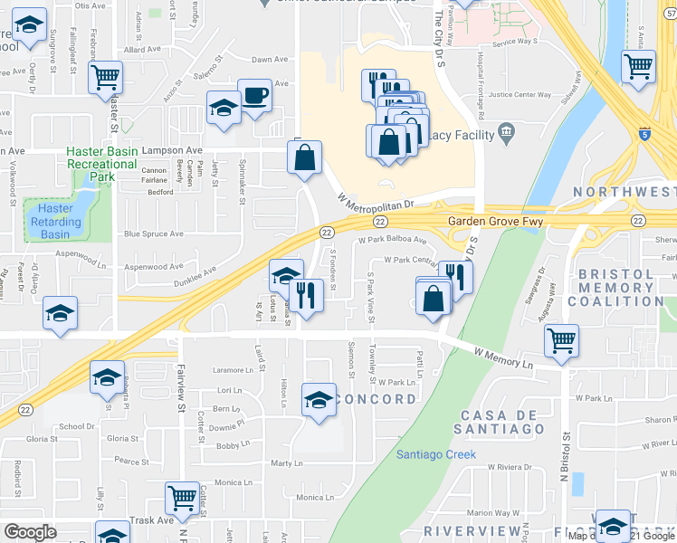 map of restaurants, bars, coffee shops, grocery stores, and more near 763 South Fondren Street in Orange