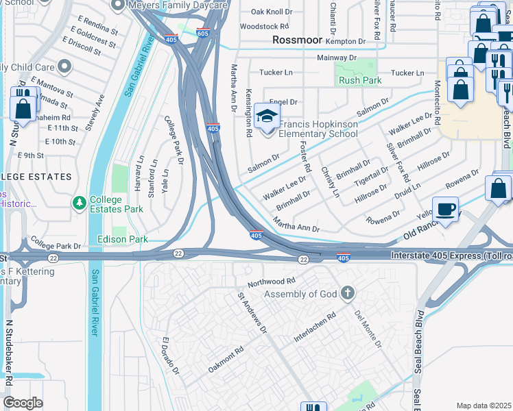 map of restaurants, bars, coffee shops, grocery stores, and more near 12735 Martha Ann Drive in Los Alamitos