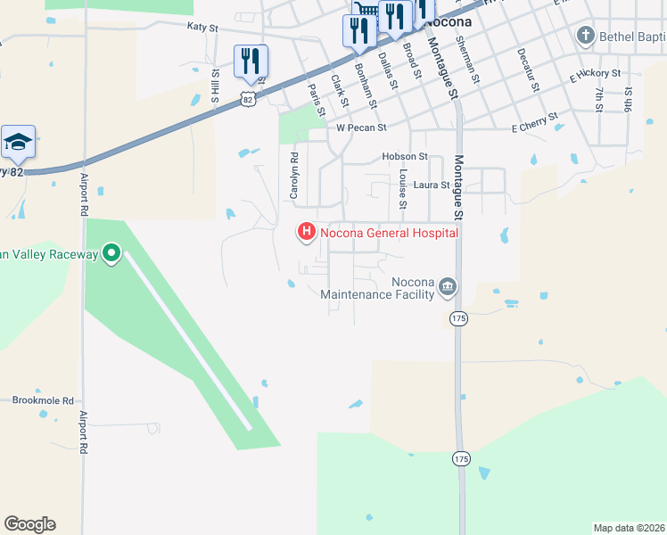 map of restaurants, bars, coffee shops, grocery stores, and more near 201 Park Road in Nocona