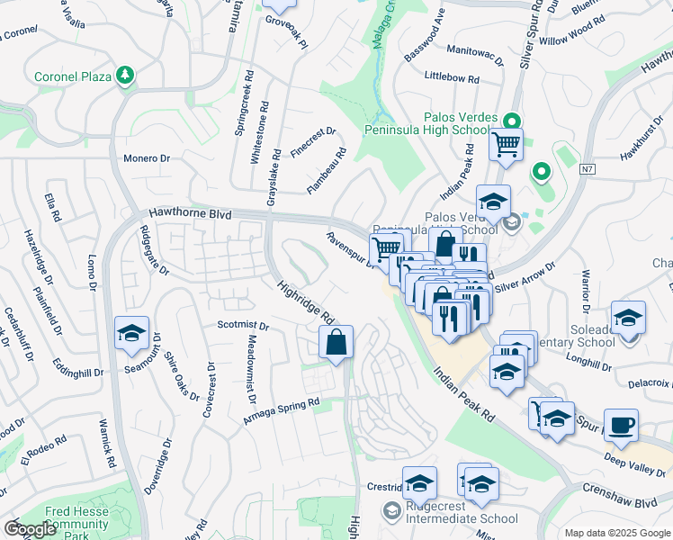 map of restaurants, bars, coffee shops, grocery stores, and more near 99 Hilltop Circle in Rancho Palos Verdes