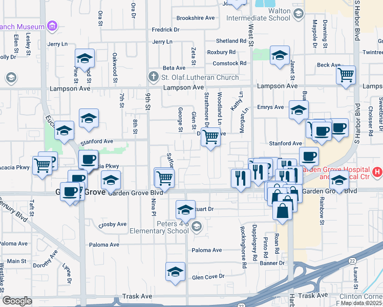 map of restaurants, bars, coffee shops, grocery stores, and more near in Garden Grove