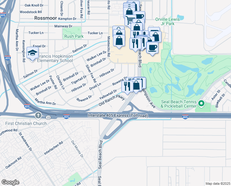 map of restaurants, bars, coffee shops, grocery stores, and more near 3242 Yellowtail Drive in Los Alamitos