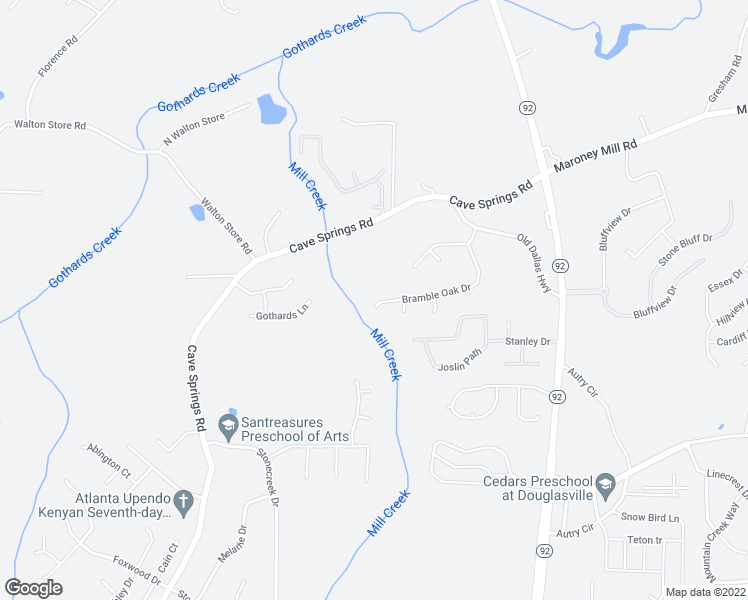 map of restaurants, bars, coffee shops, grocery stores, and more near 7375 Bramble Oak Drive in Douglasville