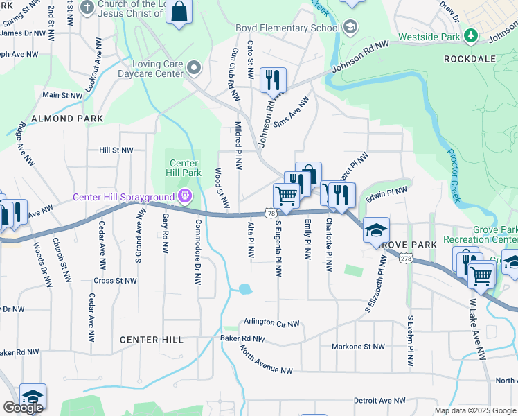 map of restaurants, bars, coffee shops, grocery stores, and more near 2131 Donald Lee Hollowell Parkway Northwest in Atlanta