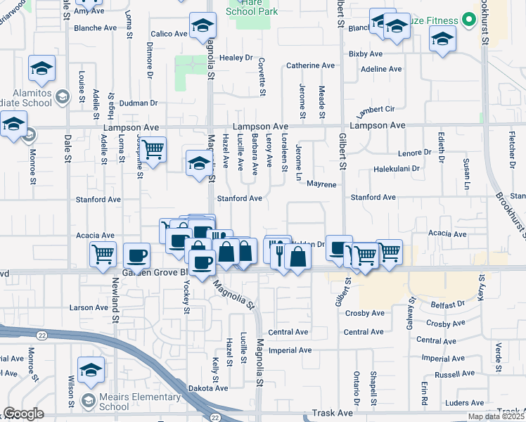 map of restaurants, bars, coffee shops, grocery stores, and more near 12781 Leroy Avenue in Garden Grove