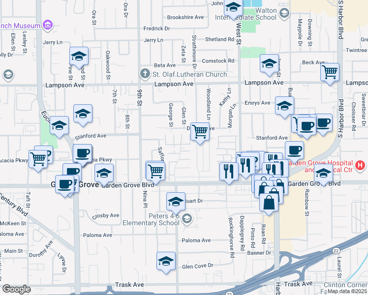 map of restaurants, bars, coffee shops, grocery stores, and more near 11736 Rose Drive in Garden Grove