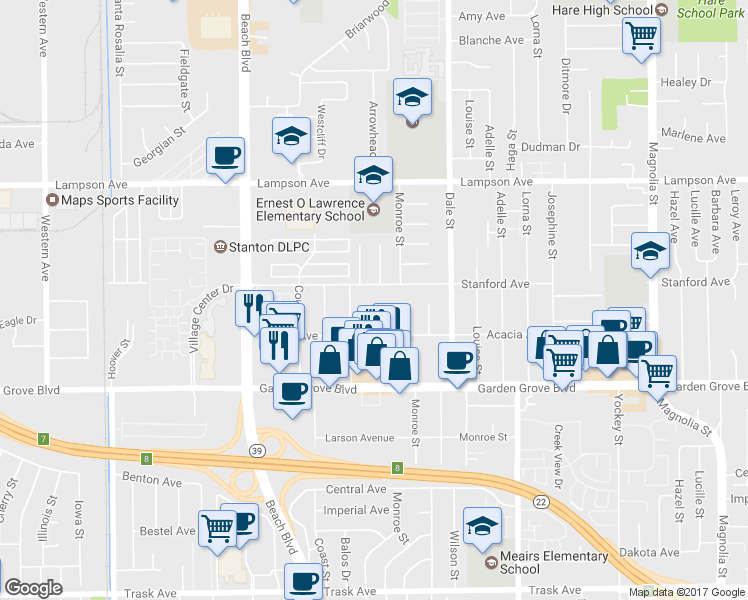 map of restaurants, bars, coffee shops, grocery stores, and more near 12772 Jackson Street in Garden Grove