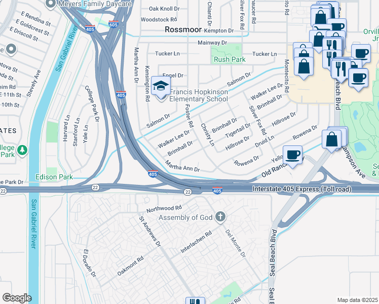 map of restaurants, bars, coffee shops, grocery stores, and more near 2841 Tigertail Drive in Los Alamitos