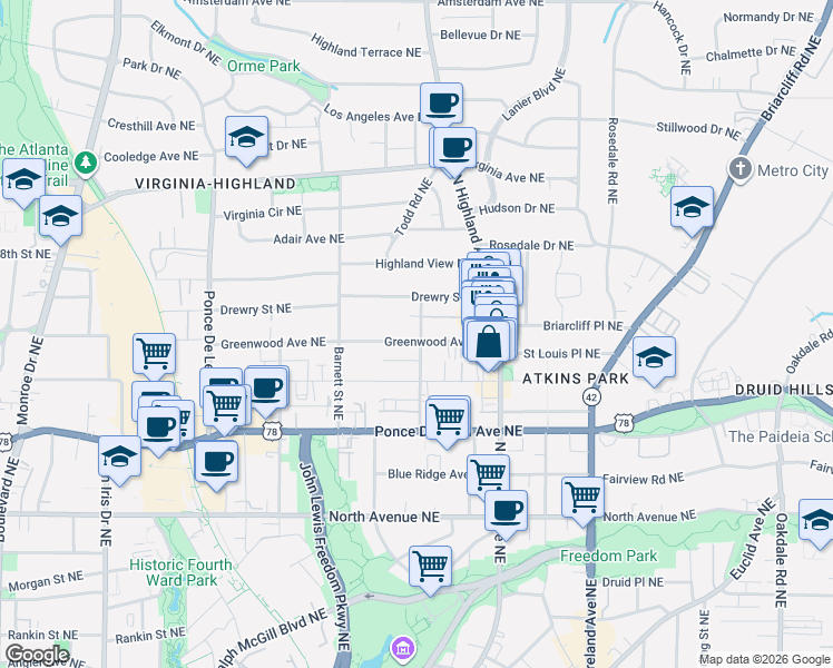 map of restaurants, bars, coffee shops, grocery stores, and more near 818 Frederica Street Northeast in Atlanta