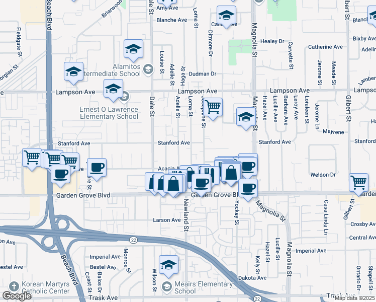 map of restaurants, bars, coffee shops, grocery stores, and more near 12771 Lorna Street in Garden Grove