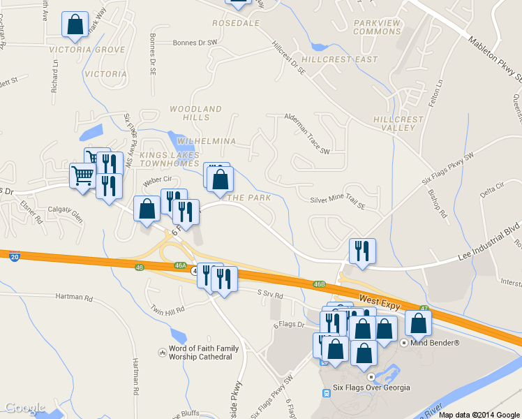 map of restaurants, bars, coffee shops, grocery stores, and more near 75 Golden Pine Road Southwest in Austell