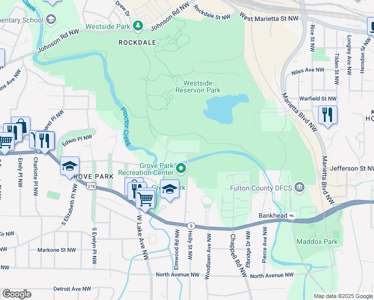 map of restaurants, bars, coffee shops, grocery stores, and more near 11 Grove Park Place Northwest in Atlanta
