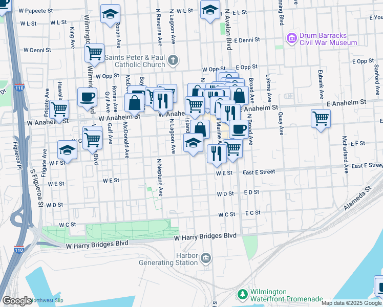 map of restaurants, bars, coffee shops, grocery stores, and more near 329 W F St in Los Angeles