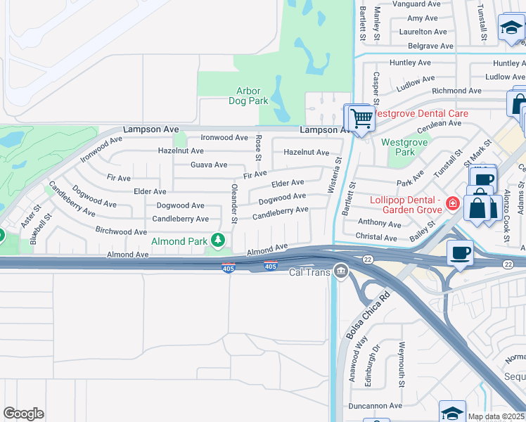 map of restaurants, bars, coffee shops, grocery stores, and more near 4725 Candleberry Avenue in Seal Beach