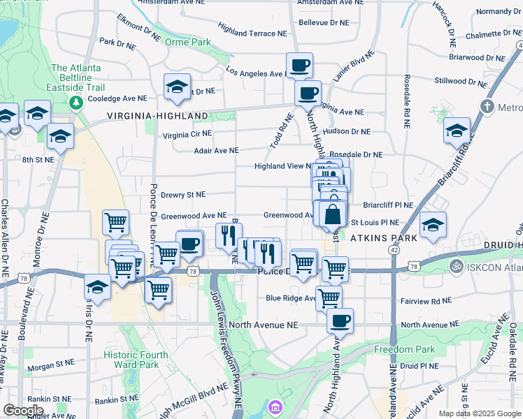 map of restaurants, bars, coffee shops, grocery stores, and more near 926 Greenwood Avenue Northeast in Atlanta