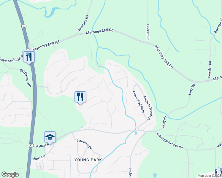 map of restaurants, bars, coffee shops, grocery stores, and more near 7340 Hunters Ridge Drive in Douglasville