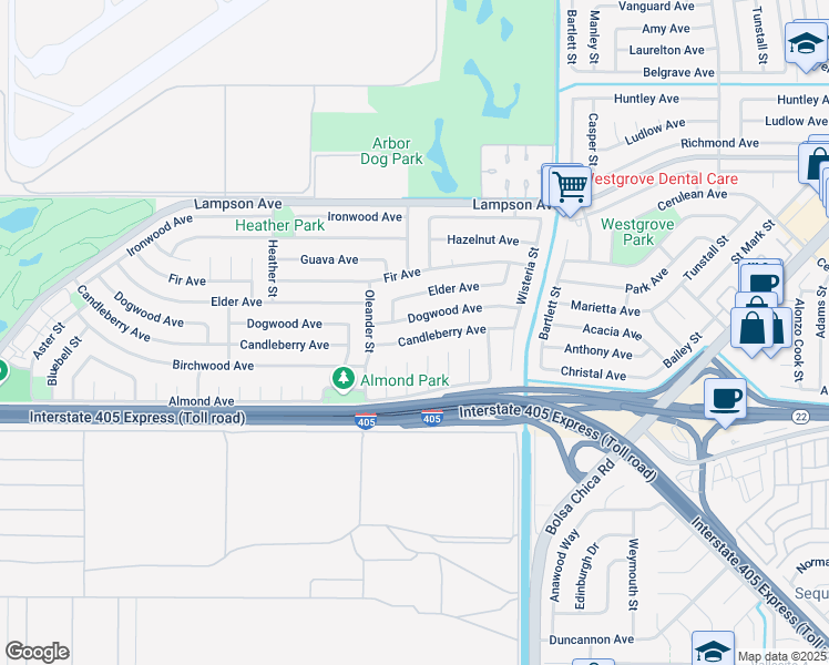 map of restaurants, bars, coffee shops, grocery stores, and more near 4725 Candleberry Avenue in Seal Beach