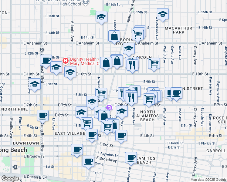 map of restaurants, bars, coffee shops, grocery stores, and more near 1012 East Hellman Street in Long Beach