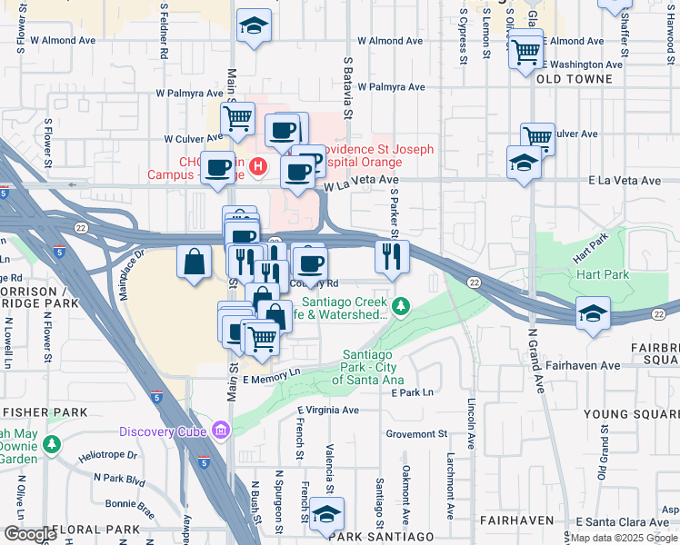 map of restaurants, bars, coffee shops, grocery stores, and more near 1055 Town and Country Road in Orange