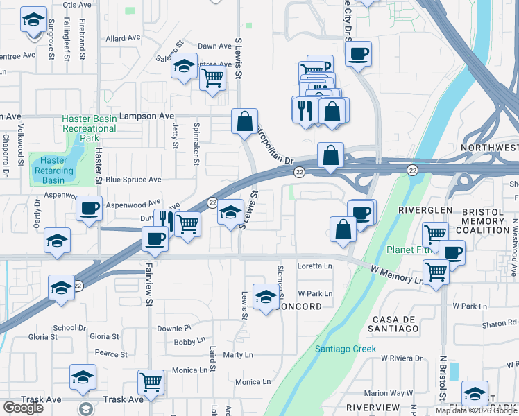 map of restaurants, bars, coffee shops, grocery stores, and more near 763 South Fondren Street in Orange
