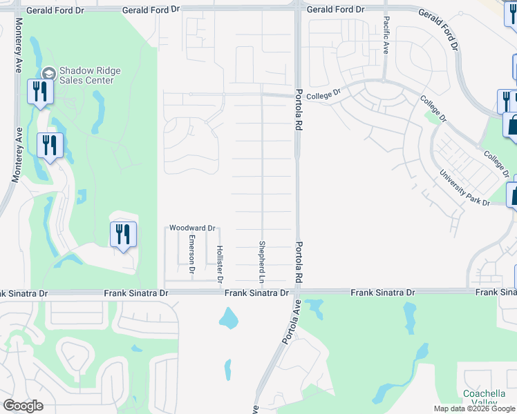 map of restaurants, bars, coffee shops, grocery stores, and more near 74082 Chinook Circle in Palm Desert
