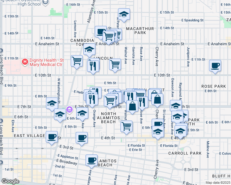 map of restaurants, bars, coffee shops, grocery stores, and more near 1502 East 8th Street in Long Beach