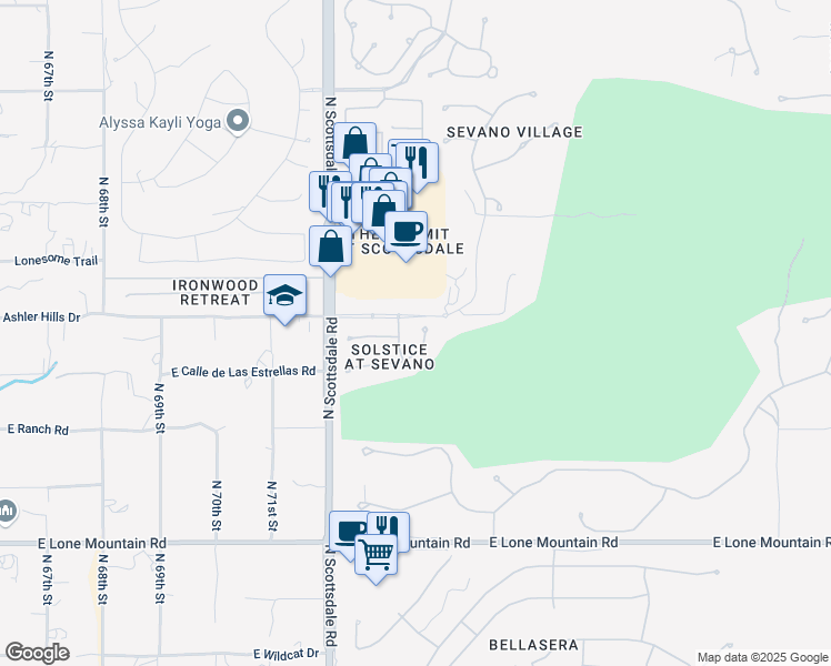 map of restaurants, bars, coffee shops, grocery stores, and more near 32134 North 73rd Place in Scottsdale