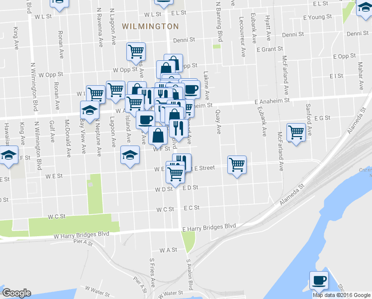 map of restaurants, bars, coffee shops, grocery stores, and more near 543 Broad Avenue in Los Angeles