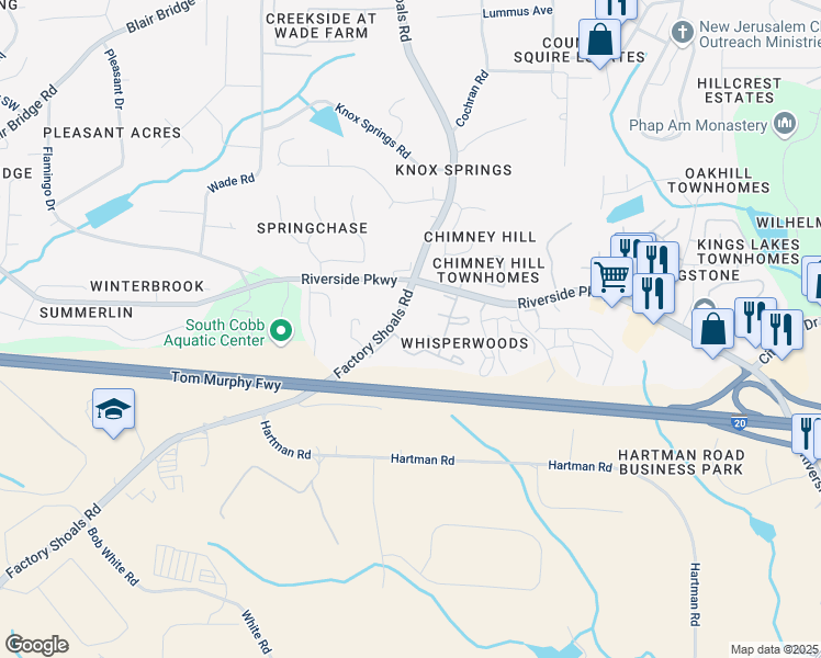 map of restaurants, bars, coffee shops, grocery stores, and more near 7249 Factory Shoals Road in Austell