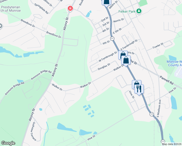 map of restaurants, bars, coffee shops, grocery stores, and more near 1208 Fambrough Way in Monroe