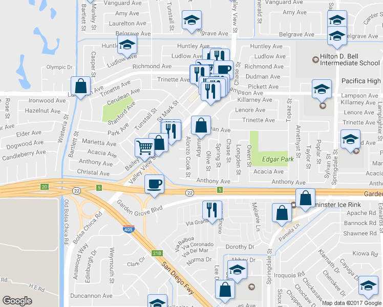 map of restaurants, bars, coffee shops, grocery stores, and more near 12782 Alonzo Cook Street in Garden Grove