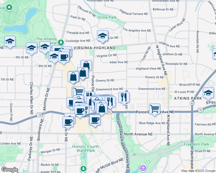 map of restaurants, bars, coffee shops, grocery stores, and more near 788 Greenwood Avenue Northeast in Atlanta