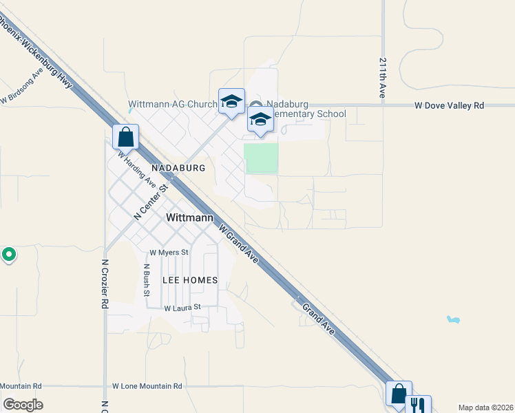 map of restaurants, bars, coffee shops, grocery stores, and more near 21425 West Wildflower Drive in Wittmann
