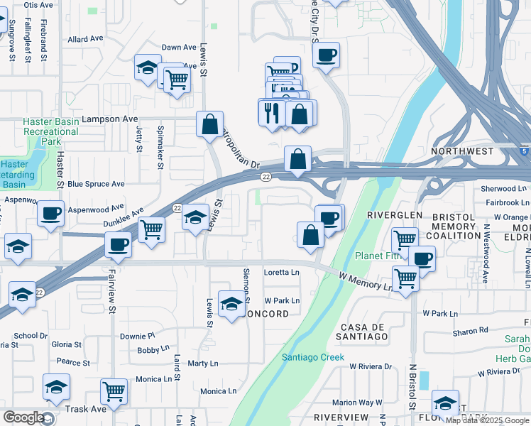 map of restaurants, bars, coffee shops, grocery stores, and more near 761 South Park Vine Street in Orange