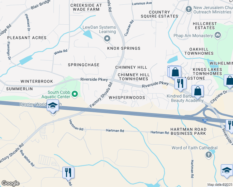 map of restaurants, bars, coffee shops, grocery stores, and more near 645 Whisper Lane in Austell