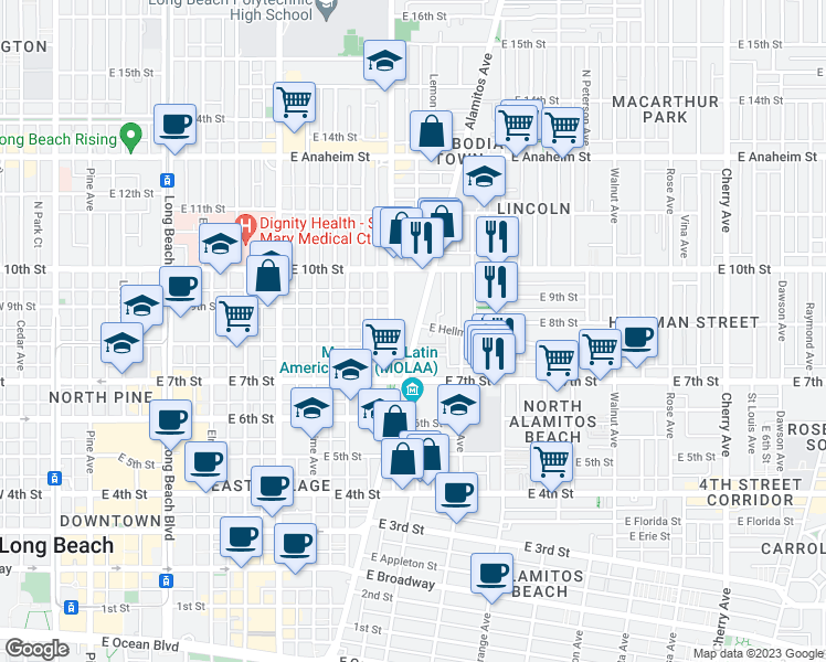 map of restaurants, bars, coffee shops, grocery stores, and more near 819 Alamitos Avenue in Long Beach