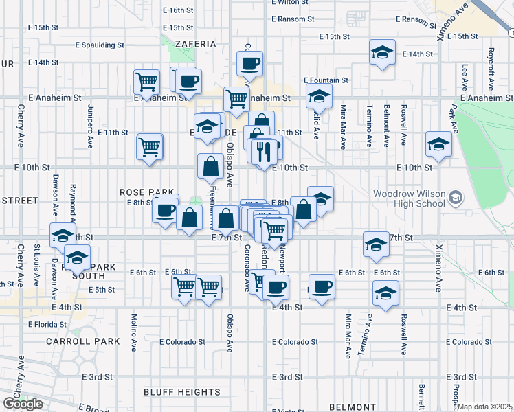 map of restaurants, bars, coffee shops, grocery stores, and more near 3322 East 8th Street in Long Beach