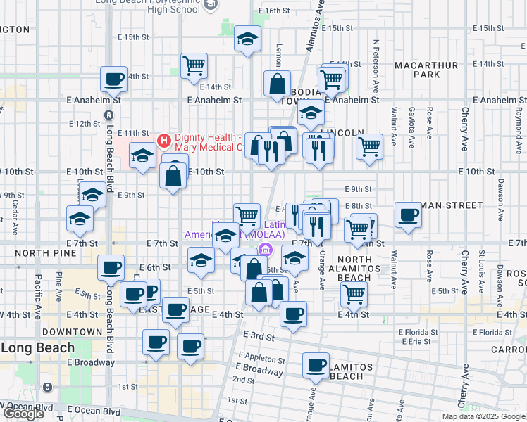 map of restaurants, bars, coffee shops, grocery stores, and more near 817 Alamitos Avenue in Long Beach