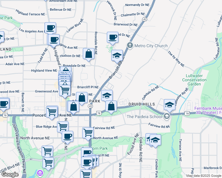 map of restaurants, bars, coffee shops, grocery stores, and more near 1260 Lullwater Park Circle in Atlanta