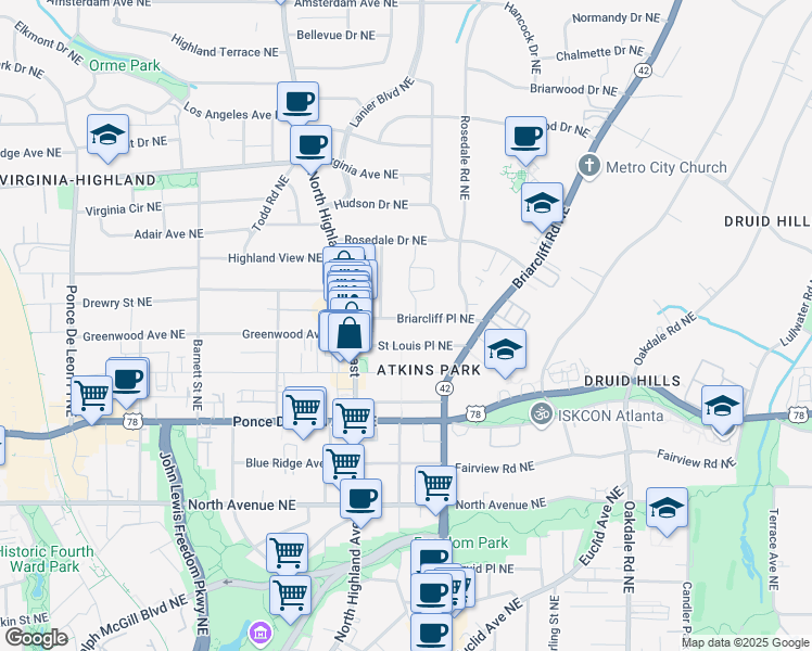 map of restaurants, bars, coffee shops, grocery stores, and more near 1111 Briarcliff Place Northeast in Atlanta