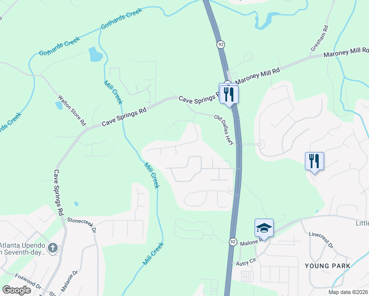 map of restaurants, bars, coffee shops, grocery stores, and more near 7336 Bramble Oak Drive in Douglasville