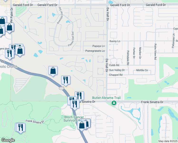 map of restaurants, bars, coffee shops, grocery stores, and more near 302 Avenida Andorra in Cathedral City