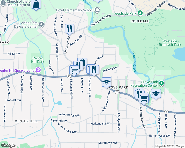 map of restaurants, bars, coffee shops, grocery stores, and more near 1991 Donald Lee Hollowell Parkway Northwest in Atlanta