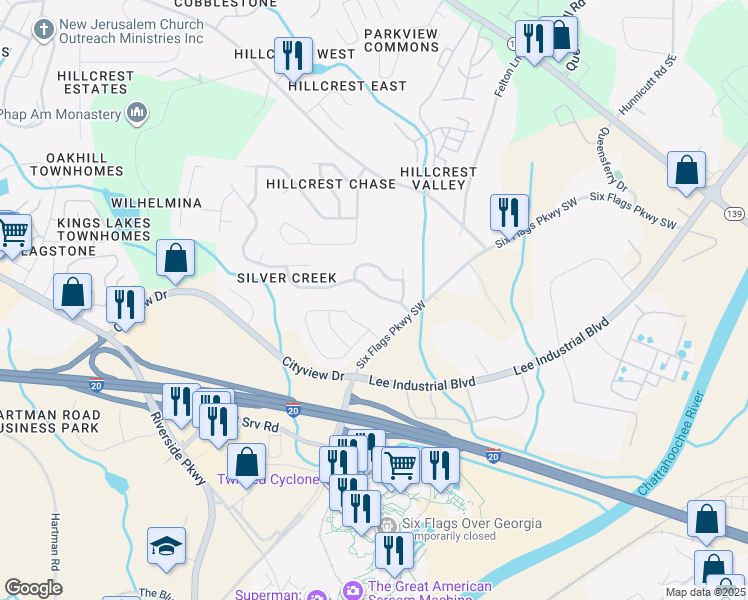 map of restaurants, bars, coffee shops, grocery stores, and more near 142 Silver Mine Trail Southeast in Austell