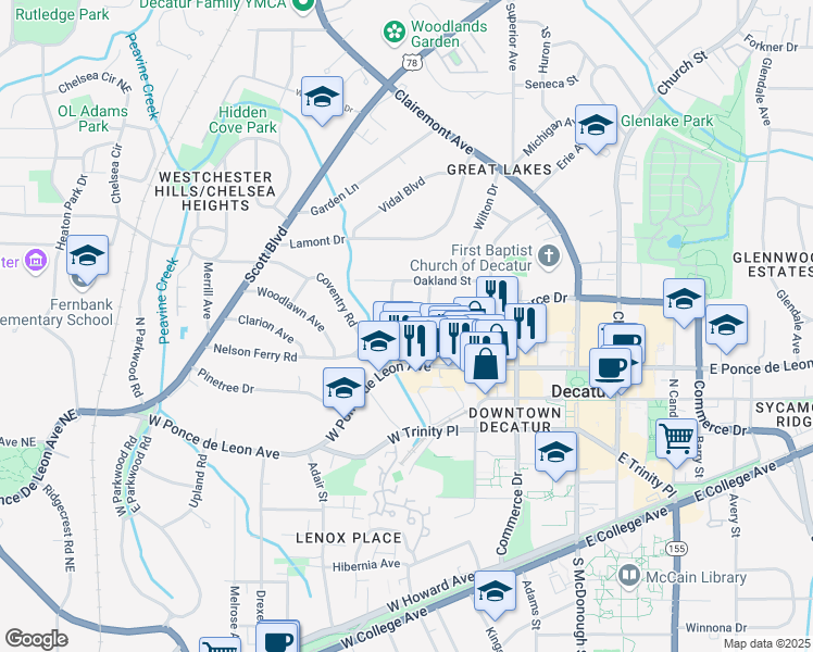 map of restaurants, bars, coffee shops, grocery stores, and more near 320 Montgomery Street in Decatur